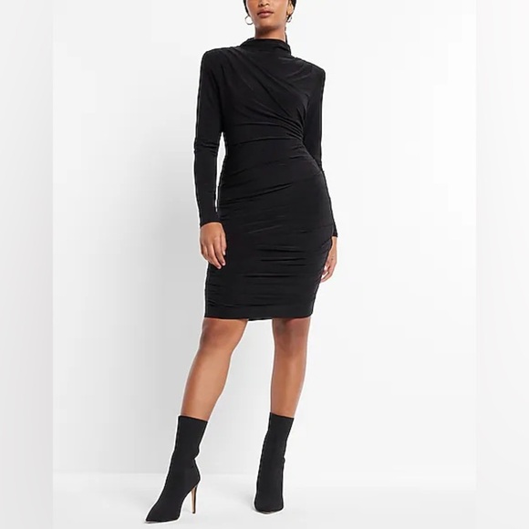 NWT Express Ruched Mock Neck Strong Shoulder Back Cutout Mini Dress Black Sz XL - Picture 2 of 13